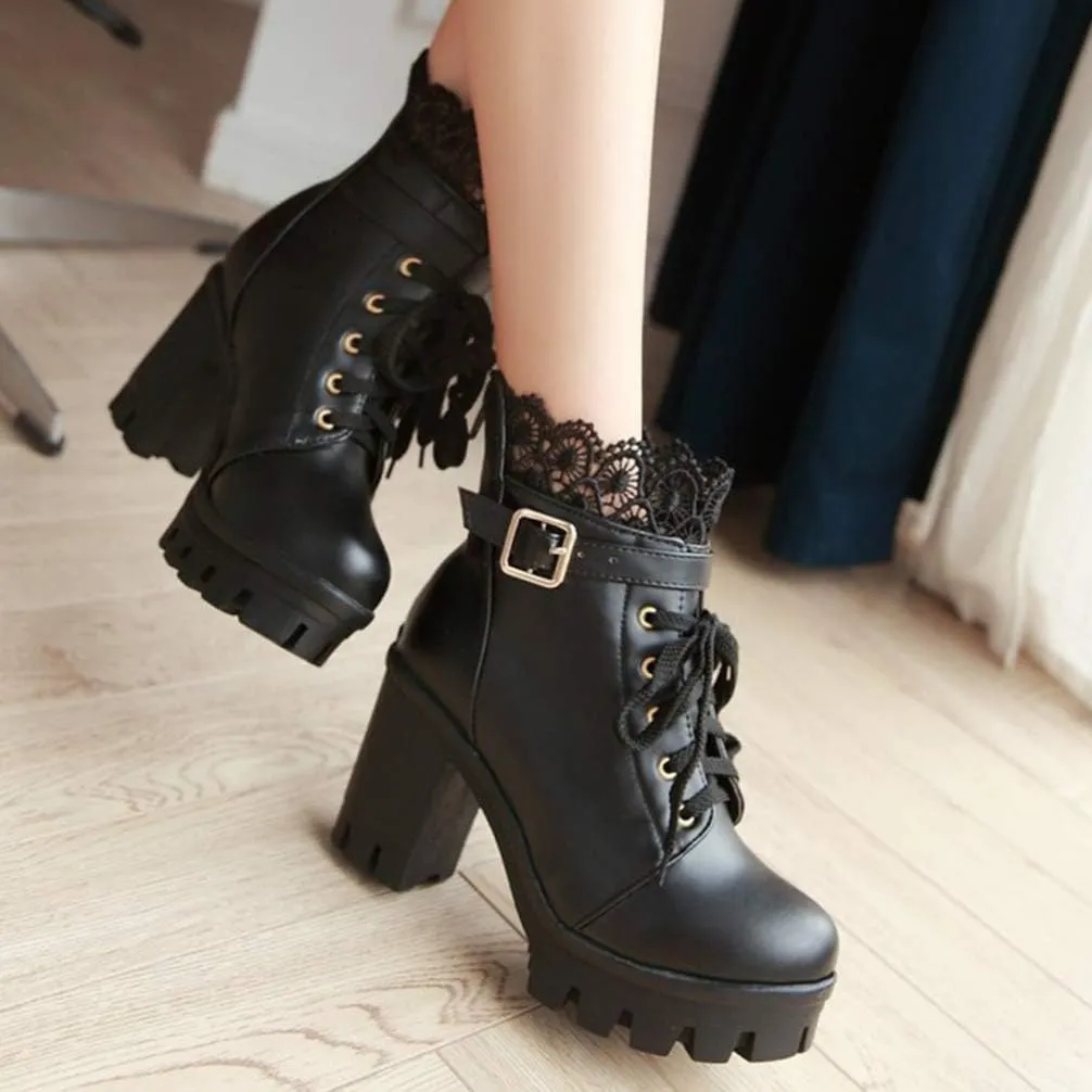 1 Pair Women Ankle Booties PU Platform Lace Up Chunky High Heels Boots Chelsea Boot Short Ankle Rain Boots Waterproof Booties