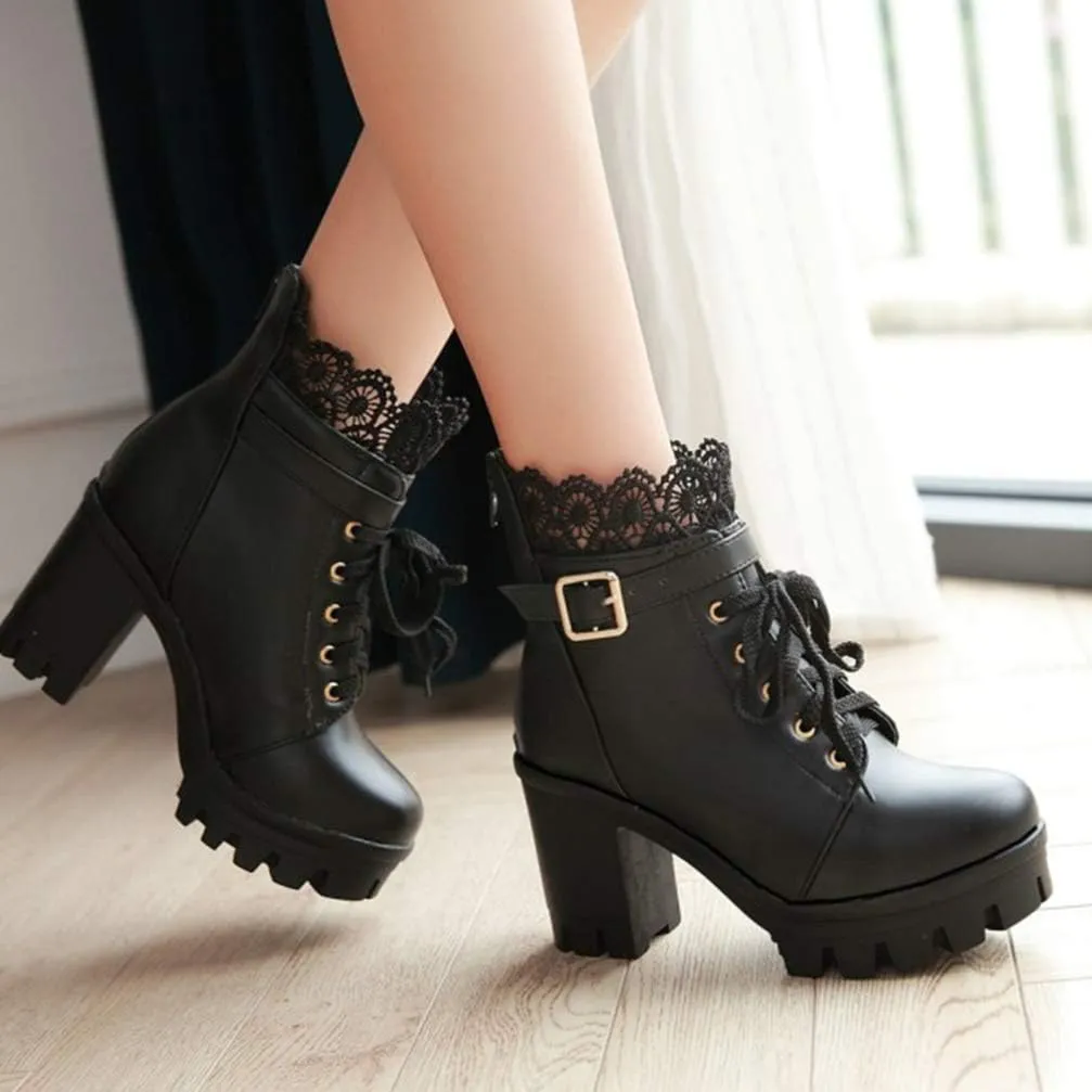 1 Pair Women Ankle Booties PU Platform Lace Up Chunky High Heels Boots Chelsea Boot Short Ankle Rain Boots Waterproof Booties