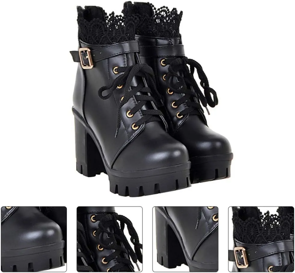1 Pair Women Ankle Booties PU Platform Lace Up Chunky High Heels Boots Chelsea Boot Short Ankle Rain Boots Waterproof Booties