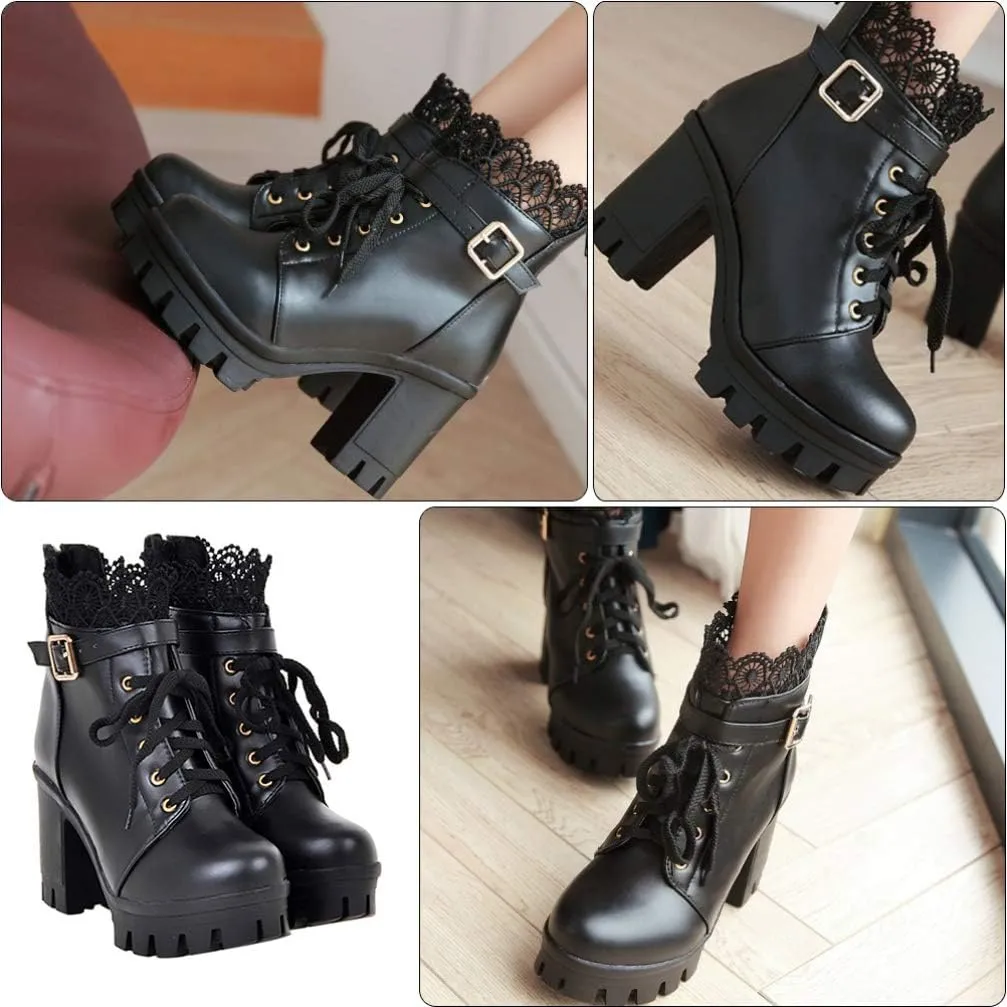 1 Pair Women Ankle Booties PU Platform Lace Up Chunky High Heels Boots Chelsea Boot Short Ankle Rain Boots Waterproof Booties