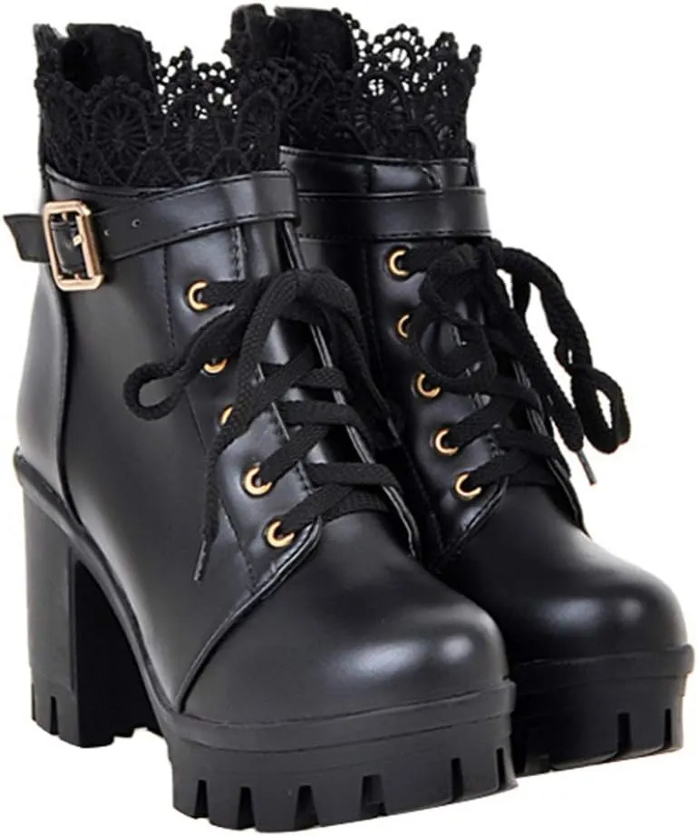 1 Pair Women Ankle Booties PU Platform Lace Up Chunky High Heels Boots Chelsea Boot Short Ankle Rain Boots Waterproof Booties