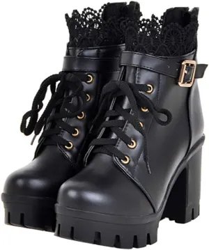 1 Pair Women Ankle Booties PU Platform Lace Up Chunky High Heels Boots Chelsea Boot Short Ankle Rain Boots Waterproof Booties