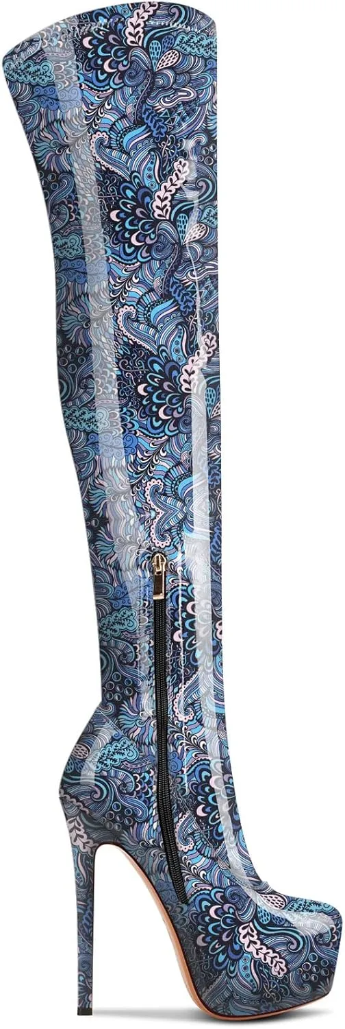 Aachcol Patent Leather Over The Knee Stiletto Boots Platform Thigh High Boots Round Toe Side Zipper Sexy Dress High Heel Boots 5.9 Inches Heels