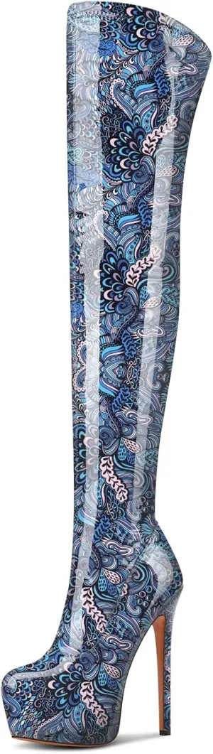 Aachcol Patent Leather Over The Knee Stiletto Boots Platform Thigh High Boots Round Toe Side Zipper Sexy Dress High Heel Boots 5.9 Inches Heels