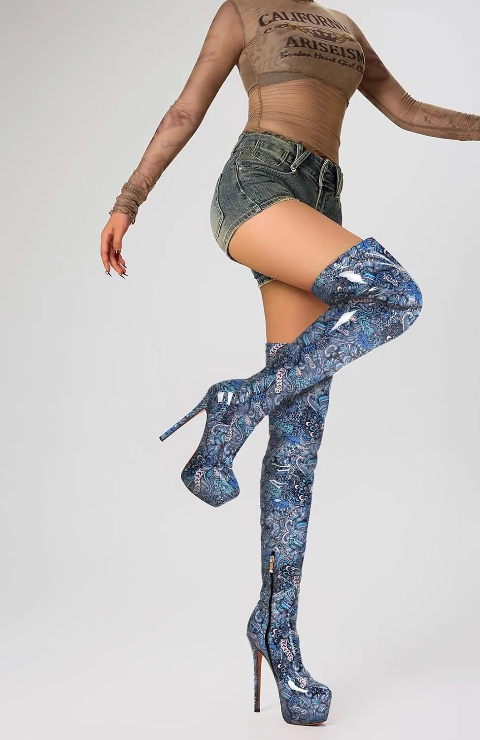 Aachcol Patent Leather Over The Knee Stiletto Boots Platform Thigh High Boots Round Toe Side Zipper Sexy Dress High Heel Boots 5.9 Inches Heels
