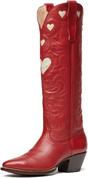 Agodor Cowboy Boots for Women Heart Cowgirl Boots Classic Embroidered Women Wide Calf Knee High Boots Chunky Heel Pointed Toe Pull On Fashion Western Boot
