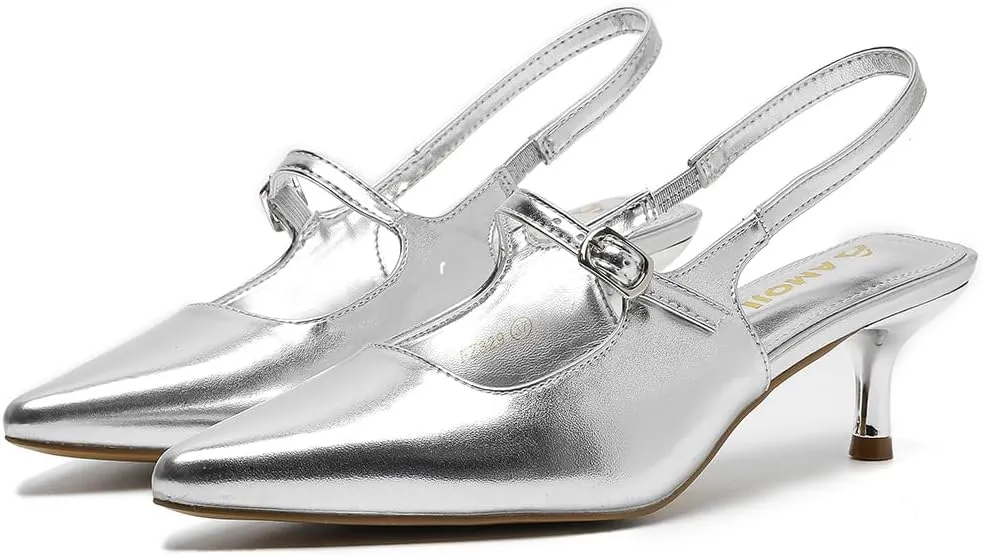 Amoji Womens Pointed Toe Pumps Slingback Kitten Heels Party Wedding Dress Shoes FZ329