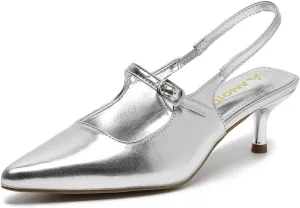 Amoji Womens Pointed Toe Pumps Slingback Kitten Heels Party Wedding Dress Shoes FZ329