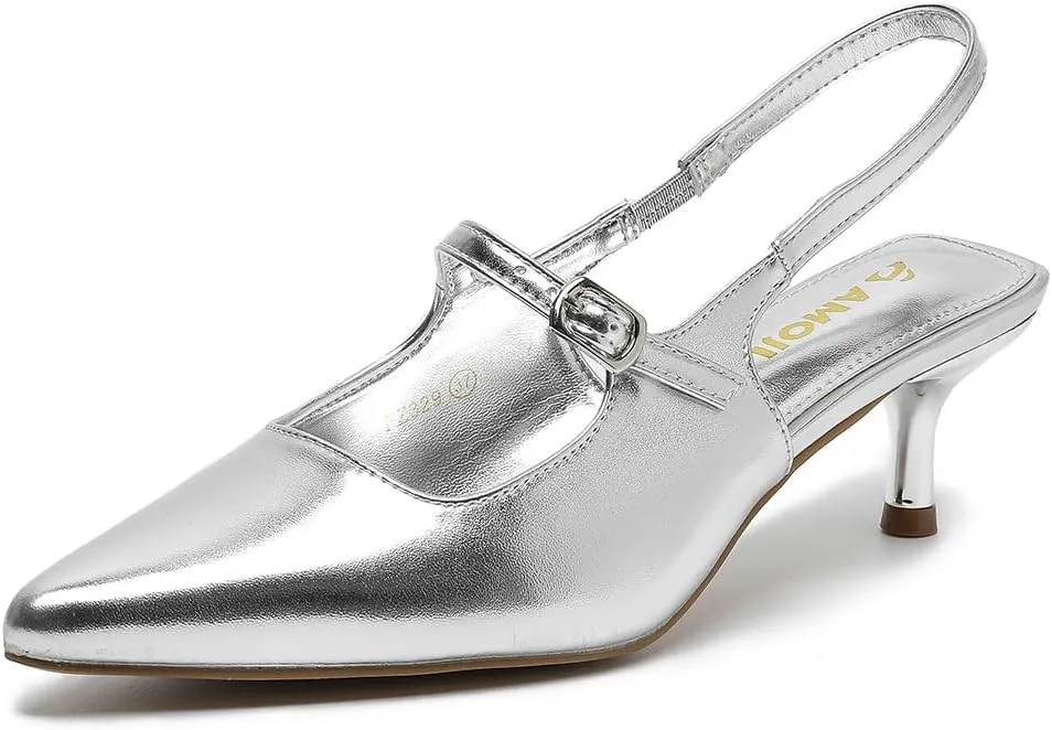 Amoji Womens Pointed Toe Pumps Slingback Kitten Heels Party Wedding Dress Shoes FZ329