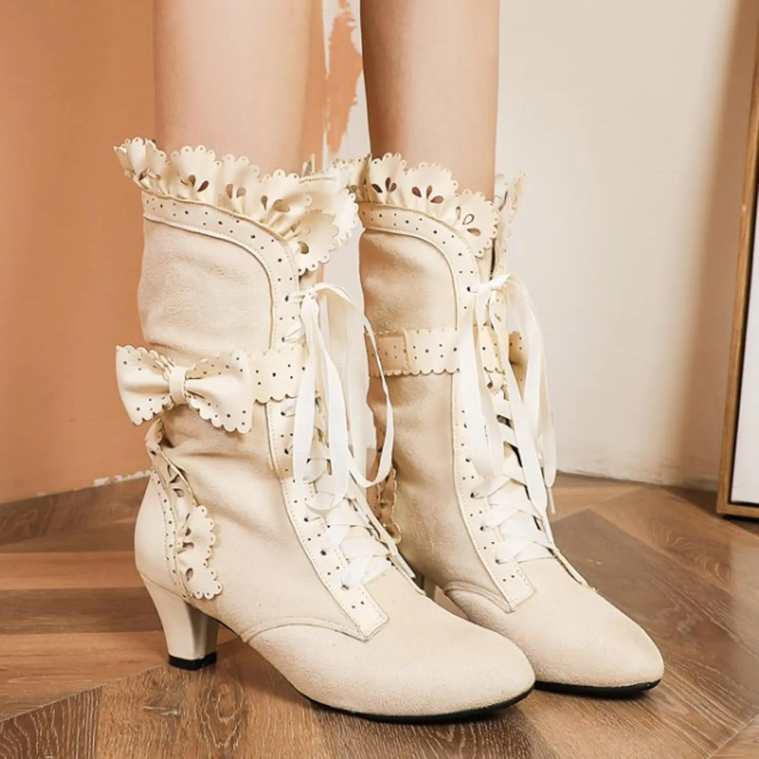 Ankle Boots for Women, Vintage Lace Up Victorian Boots Dress Riding Fall Shoes Witch Mid Calf Up Combat Boot With Bow