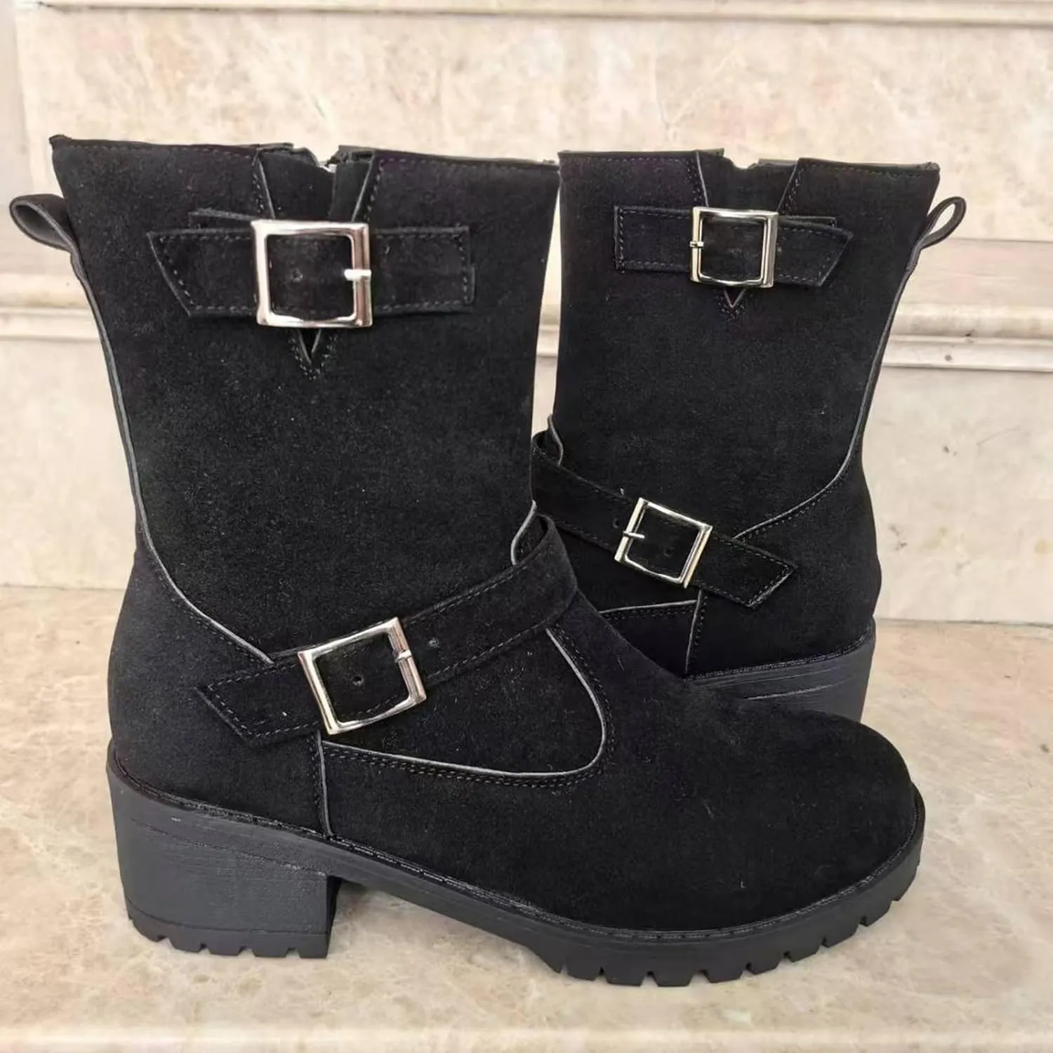 Ankle Boots for Women, Women's Fall Winter Dress Shoes Solid Color Belt Casual Boots With Buckle Square Heel Ankle Boots