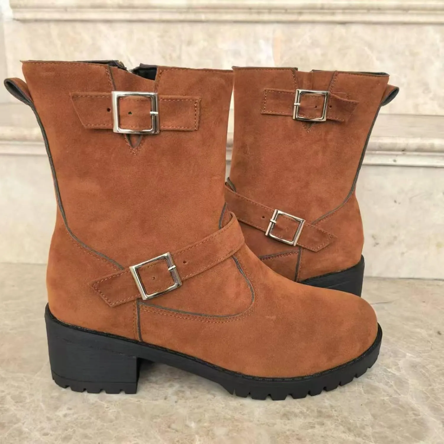 Ankle Boots for Women, Women's Fall Winter Dress Shoes Solid Color Belt Casual Boots With Buckle Square Heel Ankle Boots
