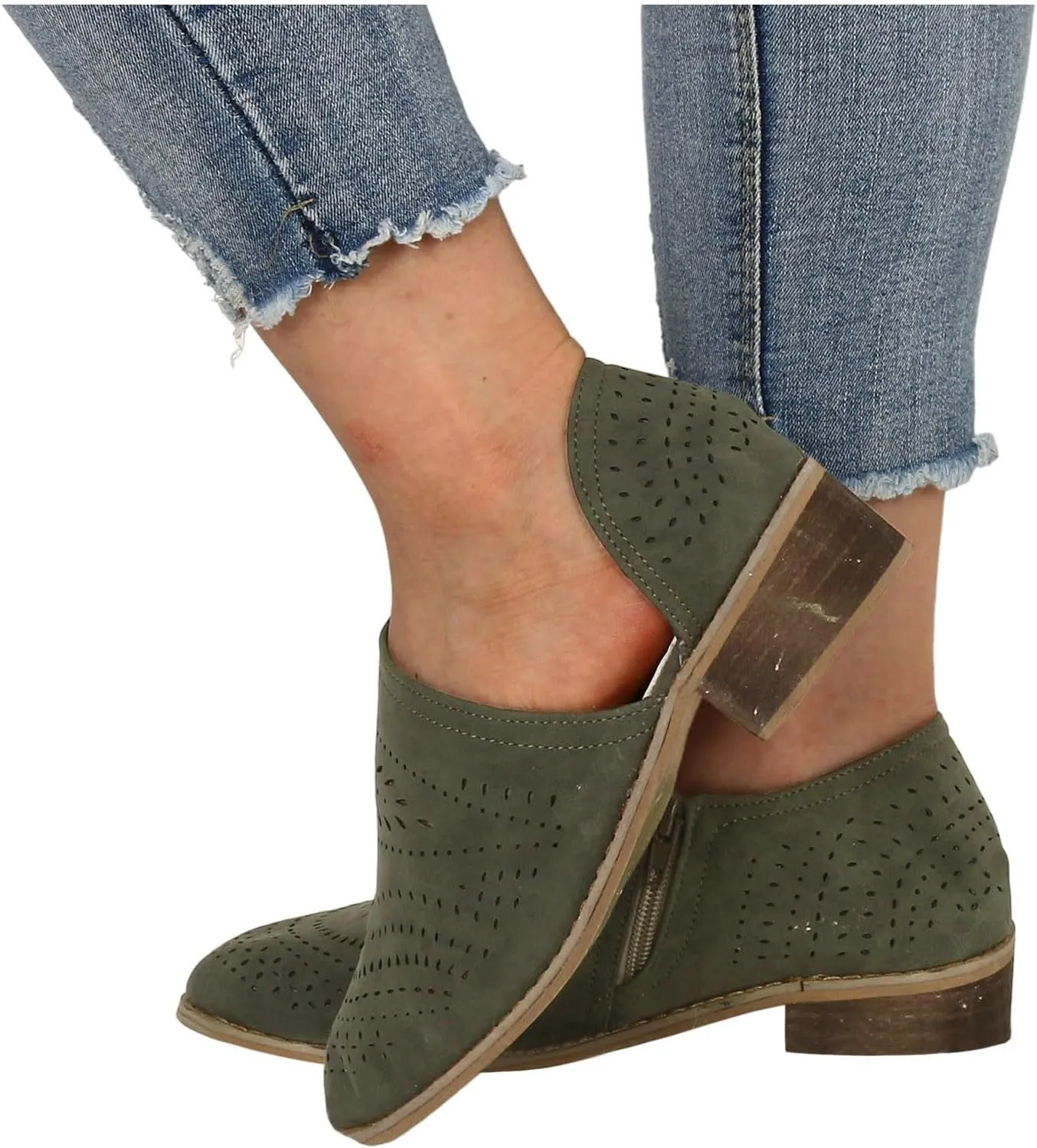 Ankle Boots for Women Women's Perforated Chunky Block Low Heel Shoes Office Dress Casual Fashion Booties with Pointed Toe