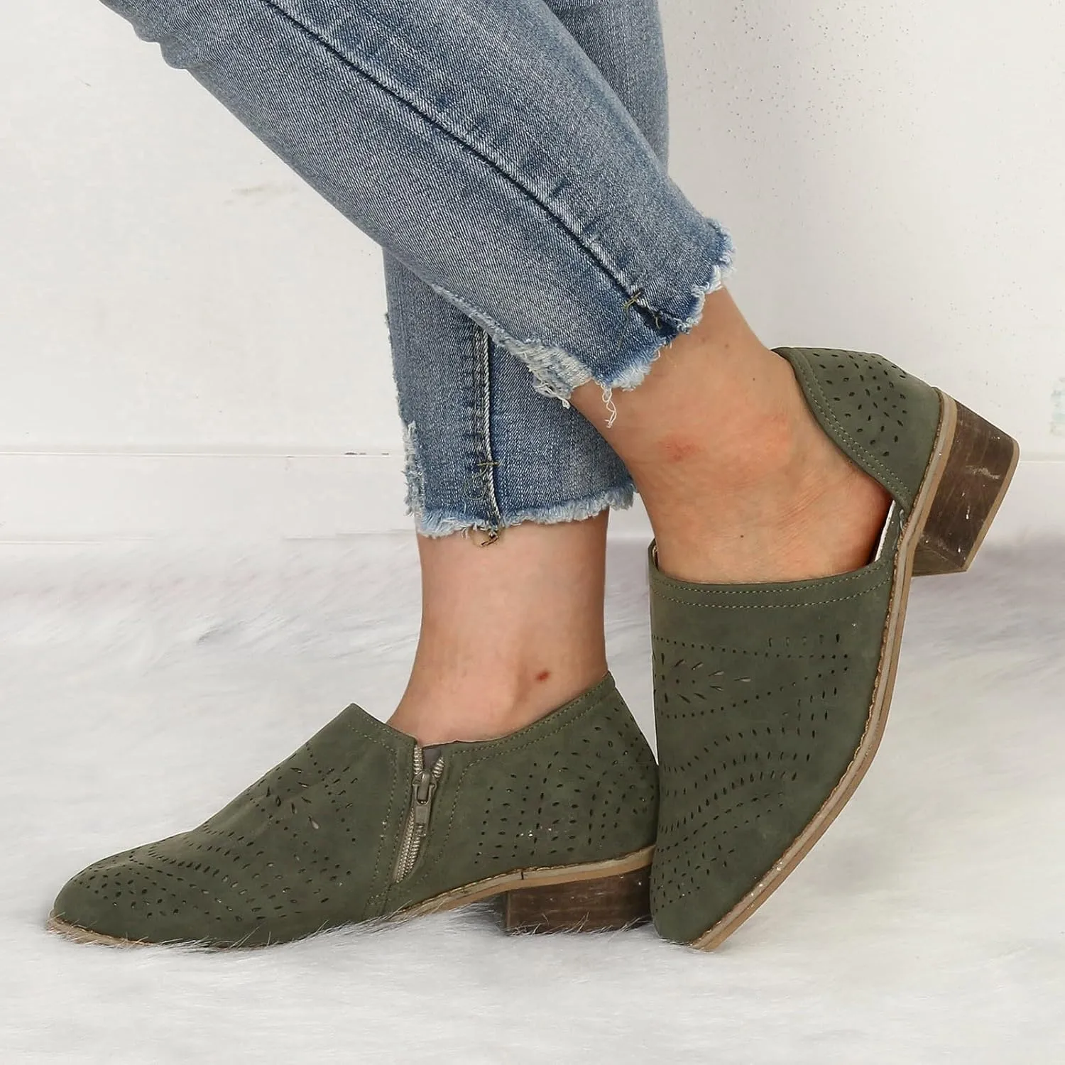 Ankle Boots for Women Women's Perforated Chunky Block Low Heel Shoes Office Dress Casual Fashion Booties with Pointed Toe