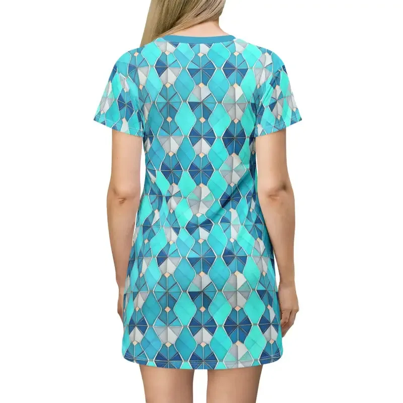 Aqua Blue Geometric Shirt Dress Bold and Trendy
