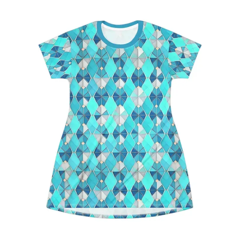 Aqua Blue Geometric Shirt Dress Bold and Trendy