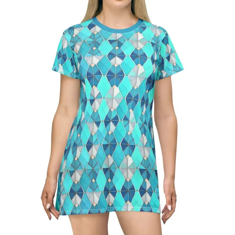 Aqua Blue Geometric Shirt Dress Bold and Trendy