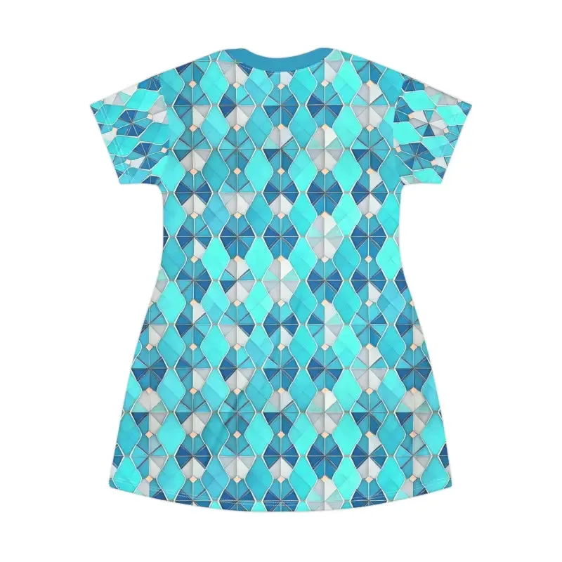 Aqua Blue Geometric Shirt Dress Bold and Trendy