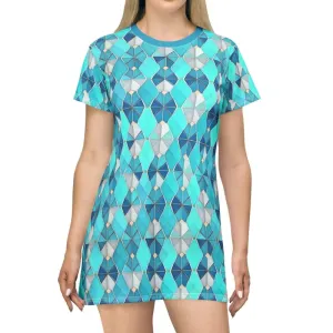 Aqua Blue Geometric Shirt Dress Bold and Trendy