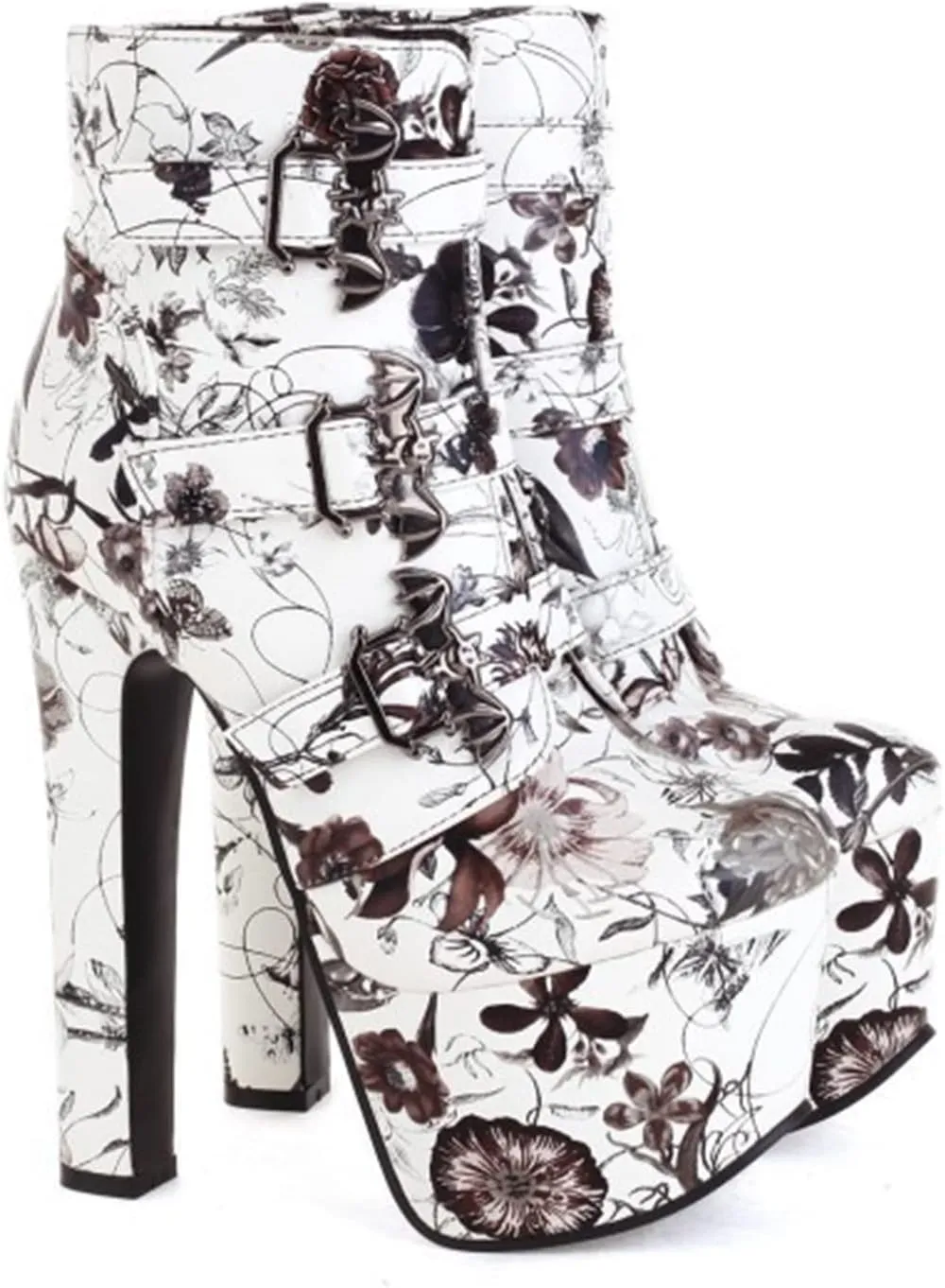 bbruriy Platform Boots for Women,Chunky Heel Round Toe Pu Leather Boots Side Zipper Metal Buckle Booties Nightclub Party Dress Boot 6.7" Chunky Heel Shoes