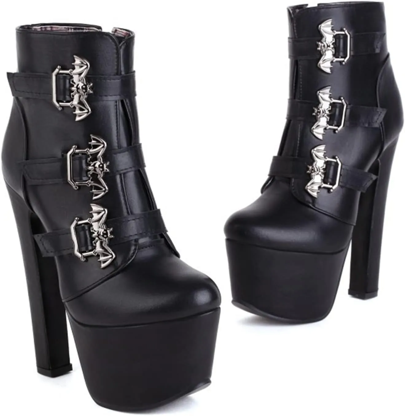 bbruriy Platform Boots for Women,Chunky Heel Round Toe Pu Leather Boots Side Zipper Metal Buckle Booties Nightclub Party Dress Boot 6.7" Chunky Heel Shoes