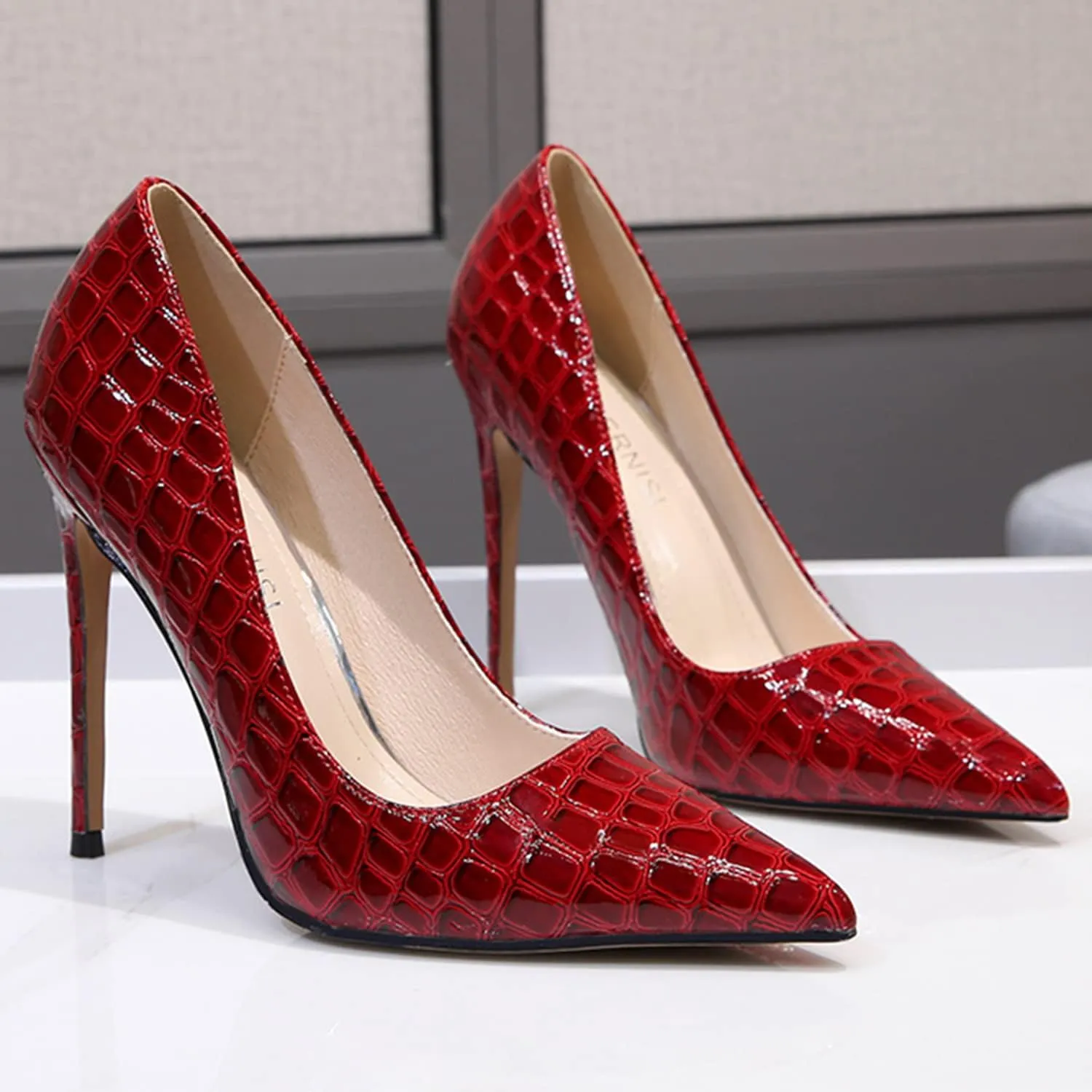 bbruriy Women's Fashion Pointed Toe High Heel French Embossed Pumps Sexy Slip on Stiletto Party Evening Dress Career Office Shoes