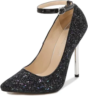 bbruriy Women's Glitter Stiletto High Heel Ankle Strap Pumps Closed Pointy Toe Fancy Heel Classic Party Wedding Dress Pump Shoes 13Cm