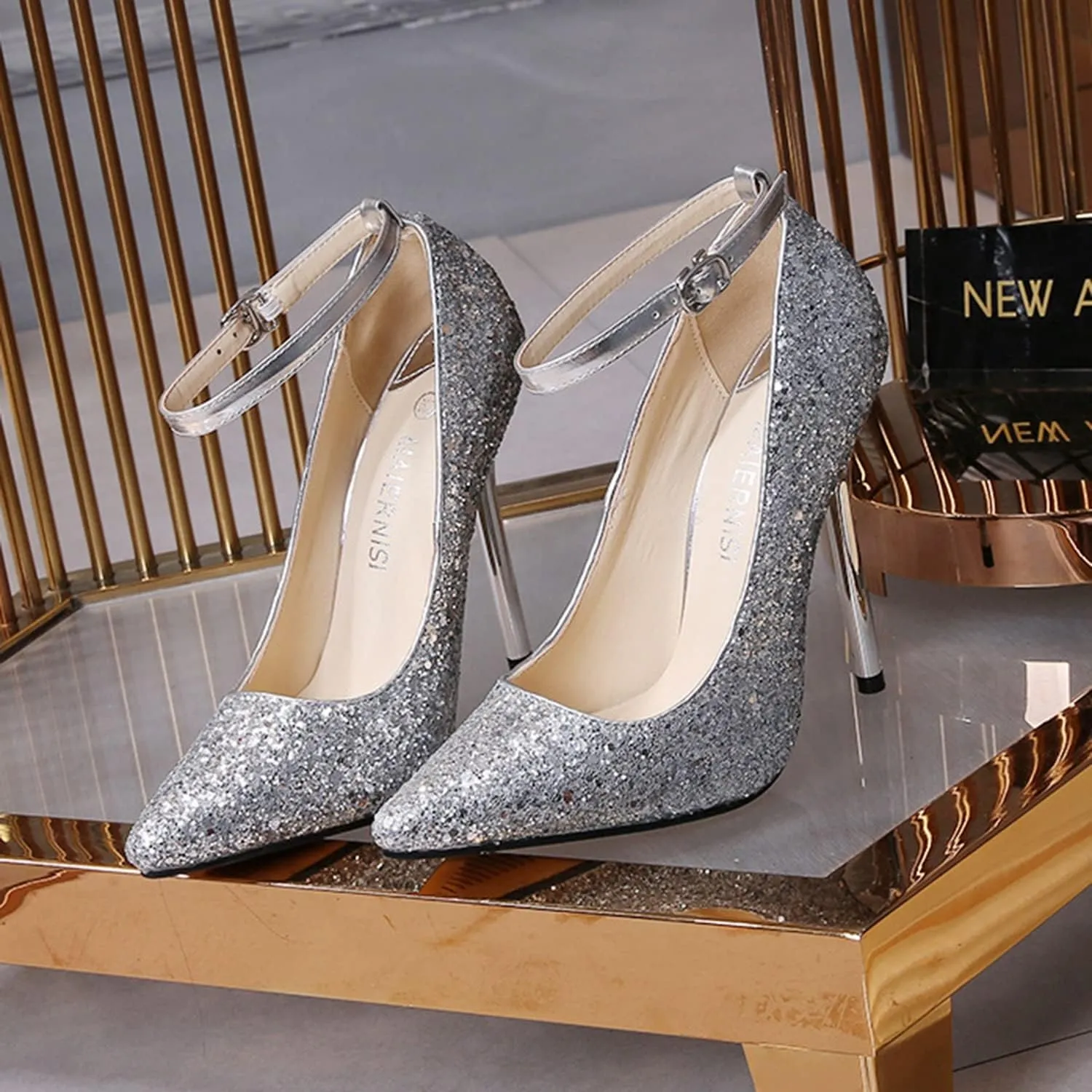 bbruriy Women's Glitter Stiletto High Heel Ankle Strap Pumps Closed Pointy Toe Fancy Heel Classic Party Wedding Dress Pump Shoes 13Cm