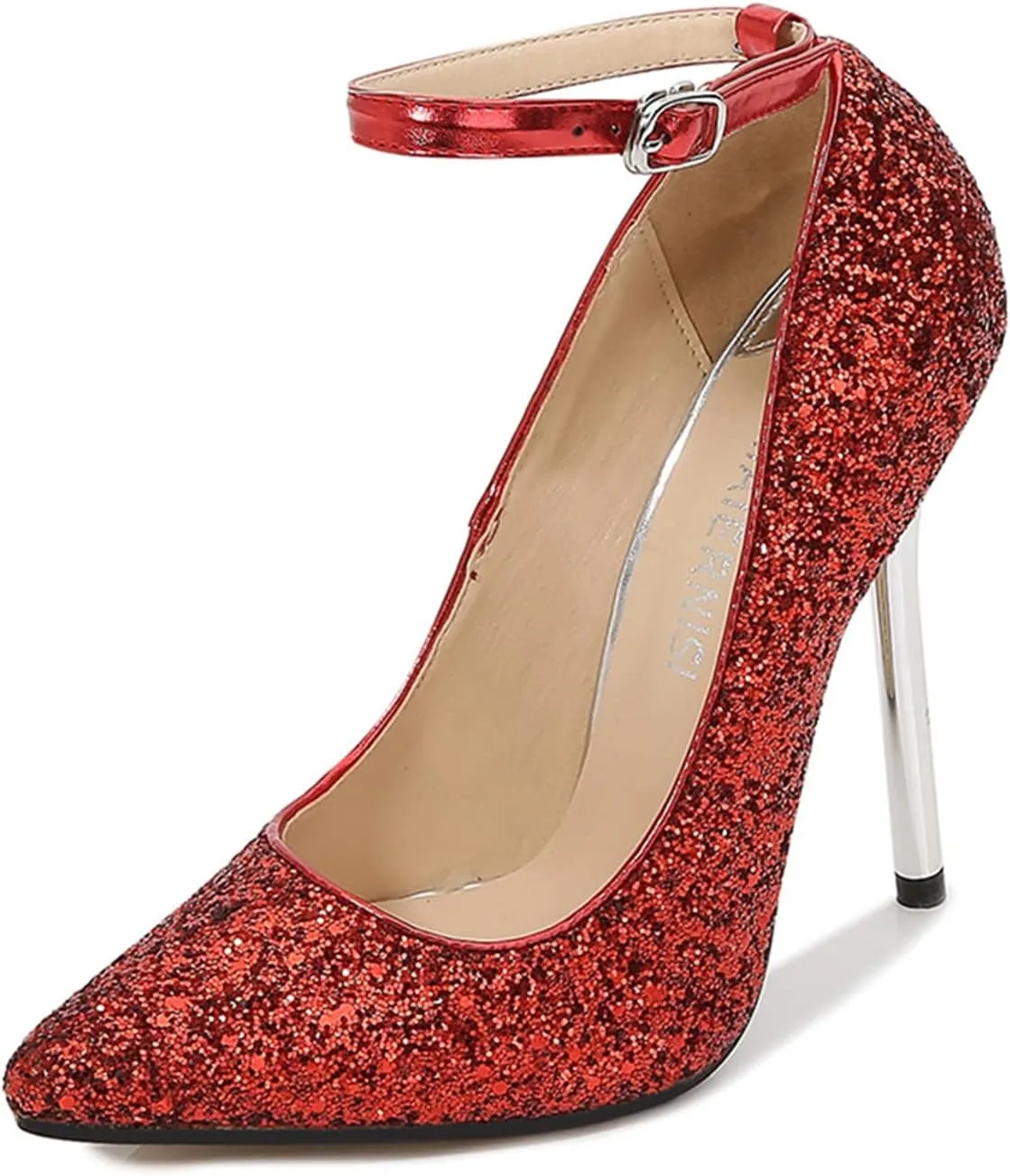 bbruriy Women's Glitter Stiletto High Heel Ankle Strap Pumps Closed Pointy Toe Fancy Heel Classic Party Wedding Dress Pump Shoes 13Cm