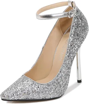 bbruriy Women's Glitter Stiletto High Heel Ankle Strap Pumps Closed Pointy Toe Fancy Heel Classic Party Wedding Dress Pump Shoes 13Cm