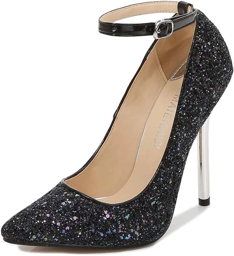 bbruriy Women's Glitter Stiletto High Heel Ankle Strap Pumps Closed Pointy Toe Fancy Heel Classic Party Wedding Dress Pump Shoes 13Cm