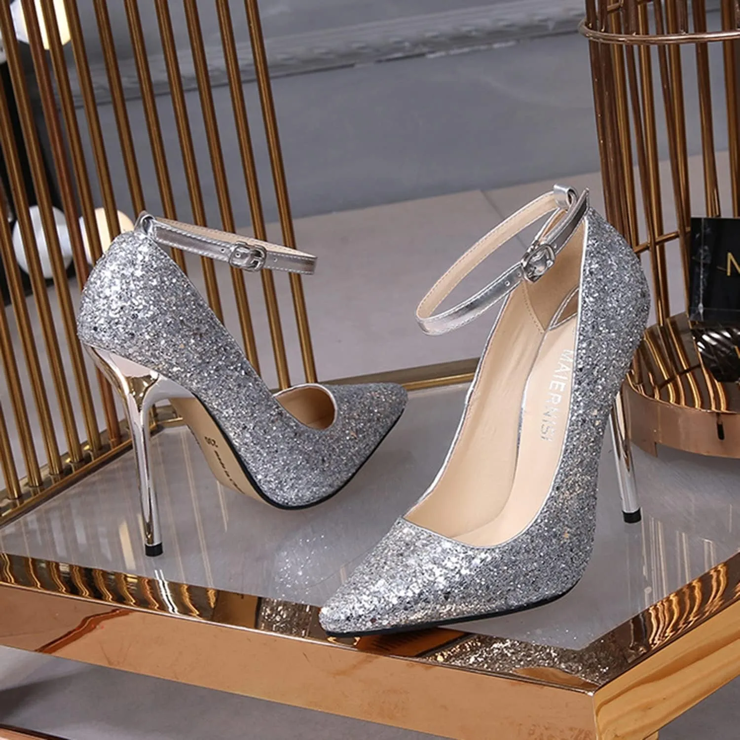 bbruriy Women's Glitter Stiletto High Heel Ankle Strap Pumps Closed Pointy Toe Fancy Heel Classic Party Wedding Dress Pump Shoes 13Cm