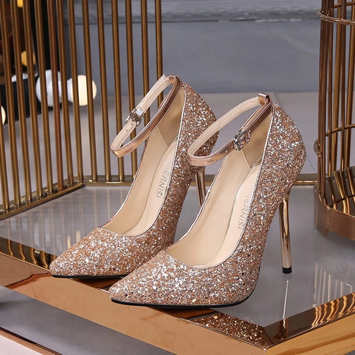 bbruriy Women's Glitter Stiletto High Heel Ankle Strap Pumps Closed Pointy Toe Fancy Heel Classic Party Wedding Dress Pump Shoes 13Cm