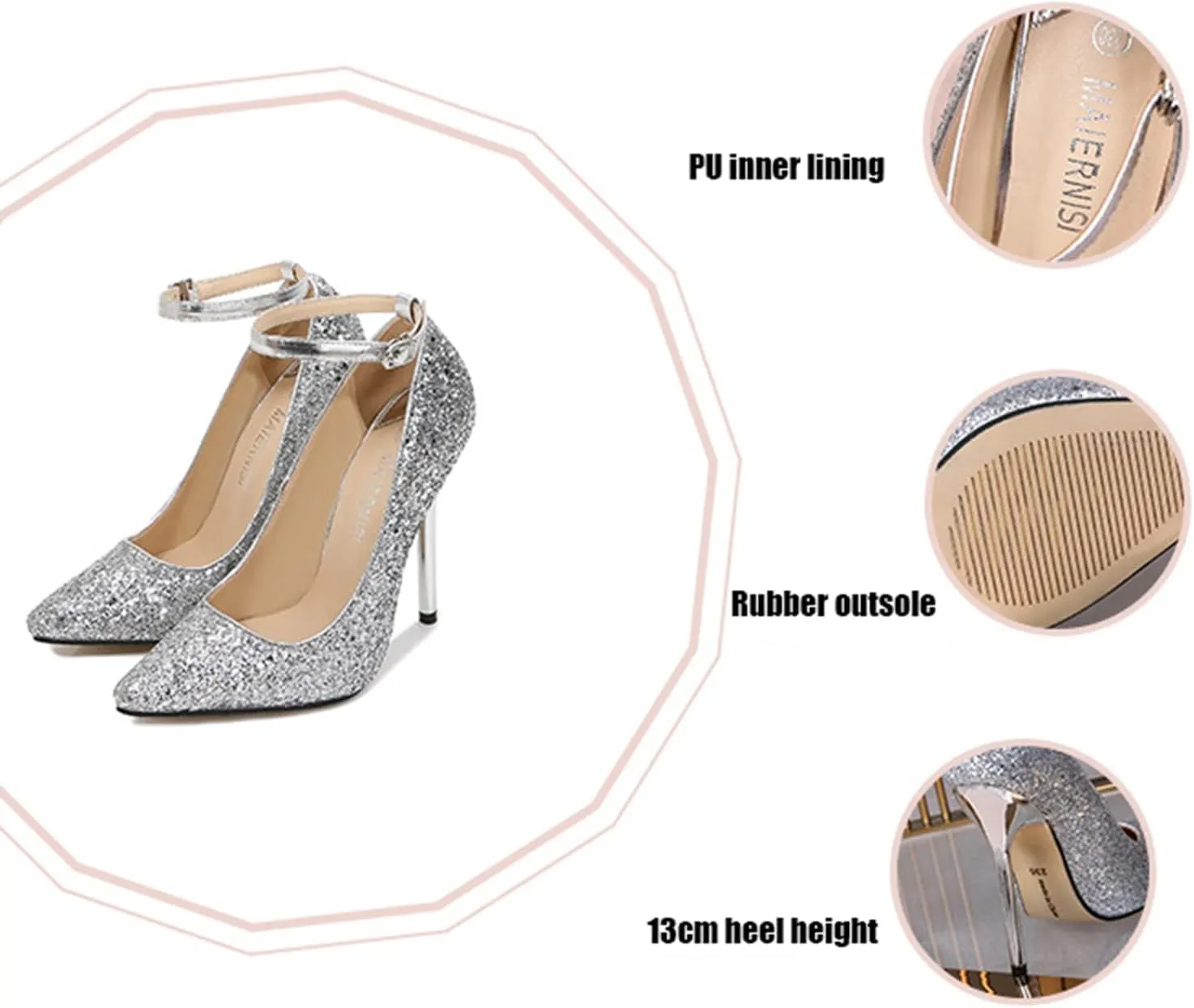 bbruriy Women's Glitter Stiletto High Heel Ankle Strap Pumps Closed Pointy Toe Fancy Heel Classic Party Wedding Dress Pump Shoes 13Cm
