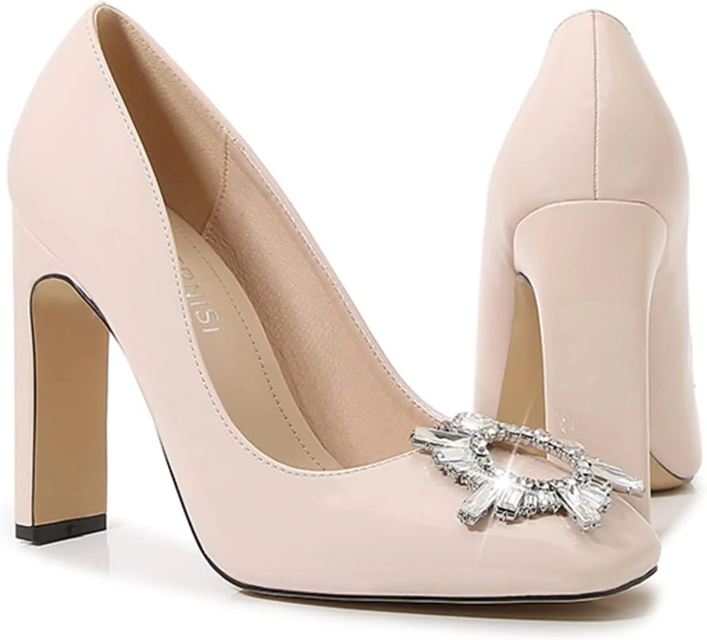 bbruriy Women's High Chunky Block Heel Pump Dress Heeled High Heels Square Toe Slip on Pumps with Rhinestone Square Buckle