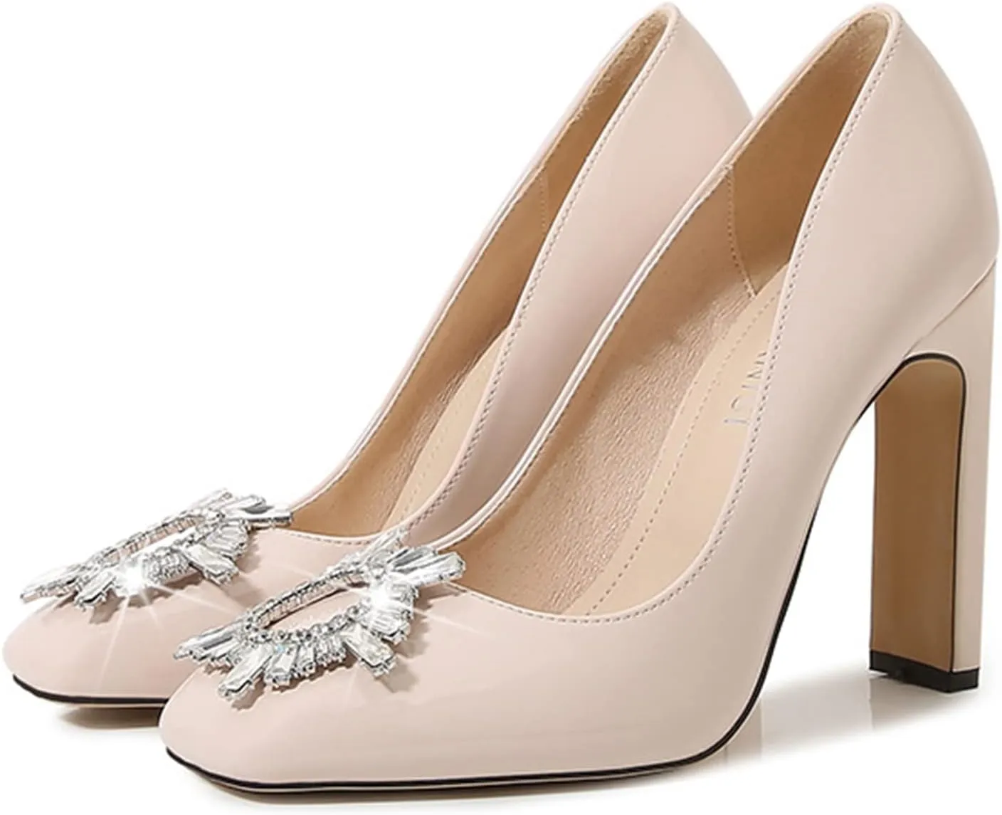 bbruriy Women's High Chunky Block Heel Pump Dress Heeled High Heels Square Toe Slip on Pumps with Rhinestone Square Buckle