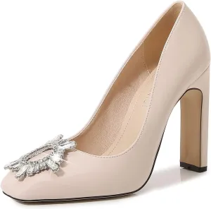 bbruriy Women's High Chunky Block Heel Pump Dress Heeled High Heels Square Toe Slip on Pumps with Rhinestone Square Buckle