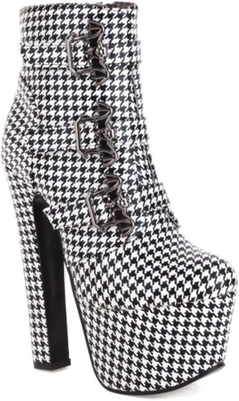 bbruriy Womens High Heels Platform Chunky Heel Boots Round Toe Side Zipper Metal Buckle Straps Booties Nightclub Party Dress Boot 6.7" Chunky Heel Shoes