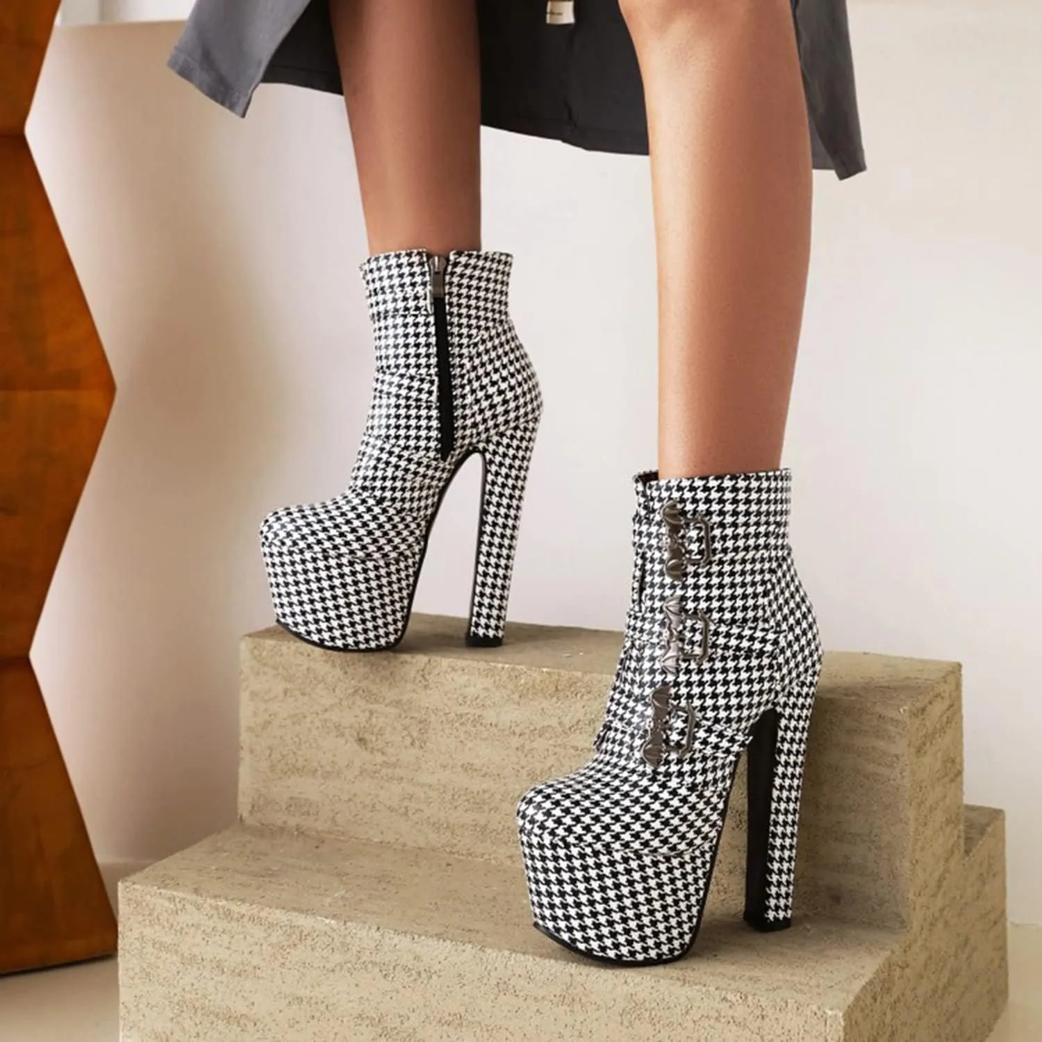 bbruriy Womens High Heels Platform Chunky Heel Boots Round Toe Side Zipper Metal Buckle Straps Booties Nightclub Party Dress Boot 6.7" Chunky Heel Shoes