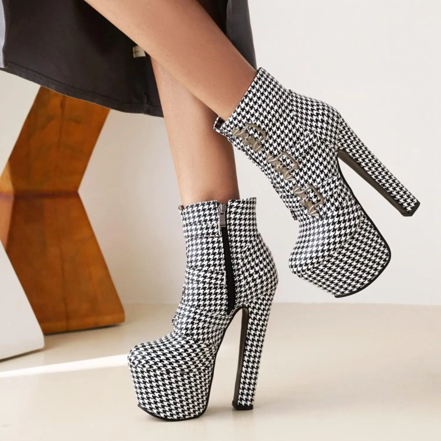 bbruriy Womens High Heels Platform Chunky Heel Boots Round Toe Side Zipper Metal Buckle Straps Booties Nightclub Party Dress Boot 6.7" Chunky Heel Shoes