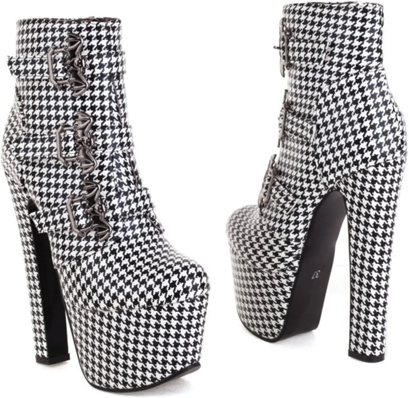 bbruriy Womens High Heels Platform Chunky Heel Boots Round Toe Side Zipper Metal Buckle Straps Booties Nightclub Party Dress Boot 6.7" Chunky Heel Shoes