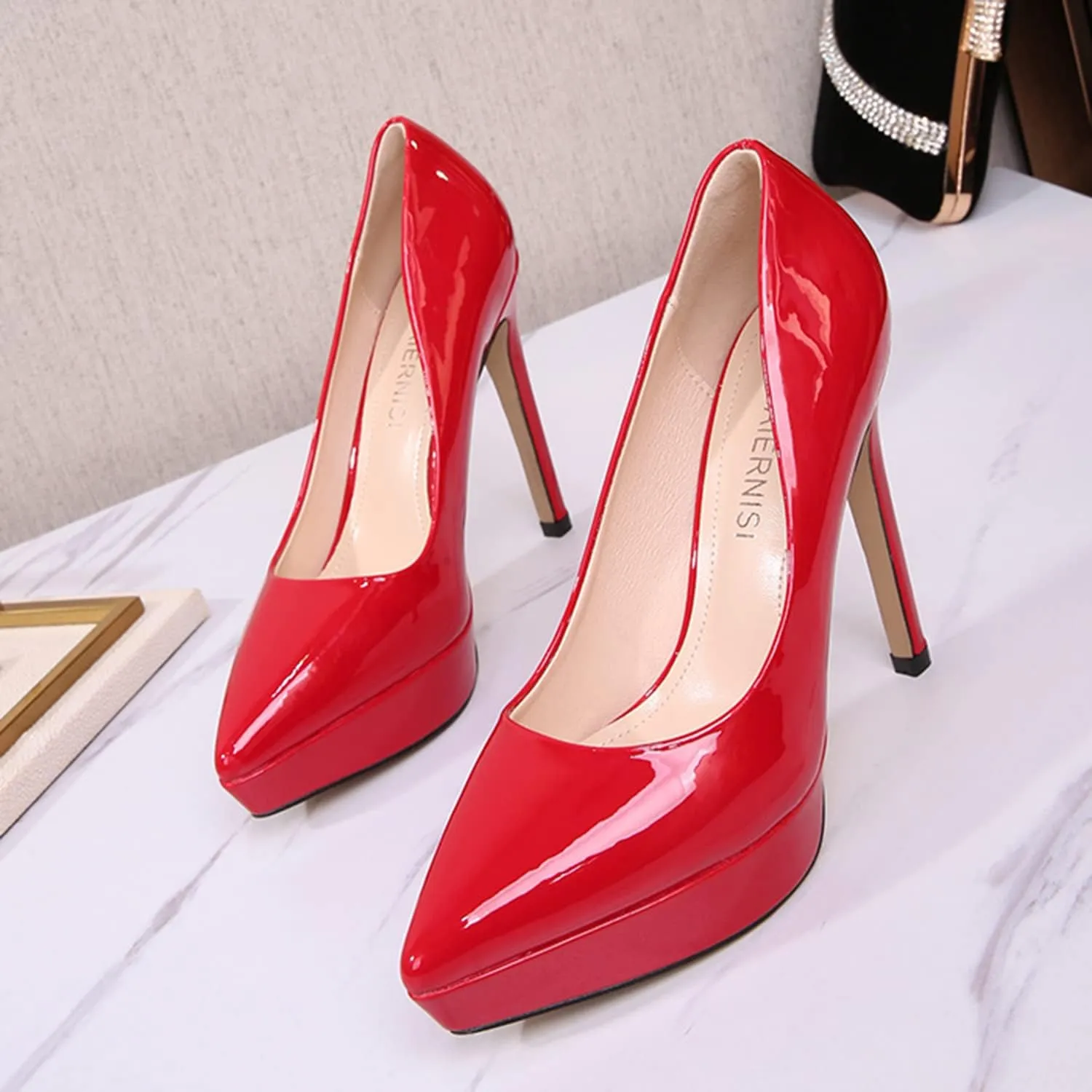bbruriy Women's Patent Leather High Heels Sexy Pointed Closed Toe Shoes Stilettos Slip on for Dress Wedding Party Prom