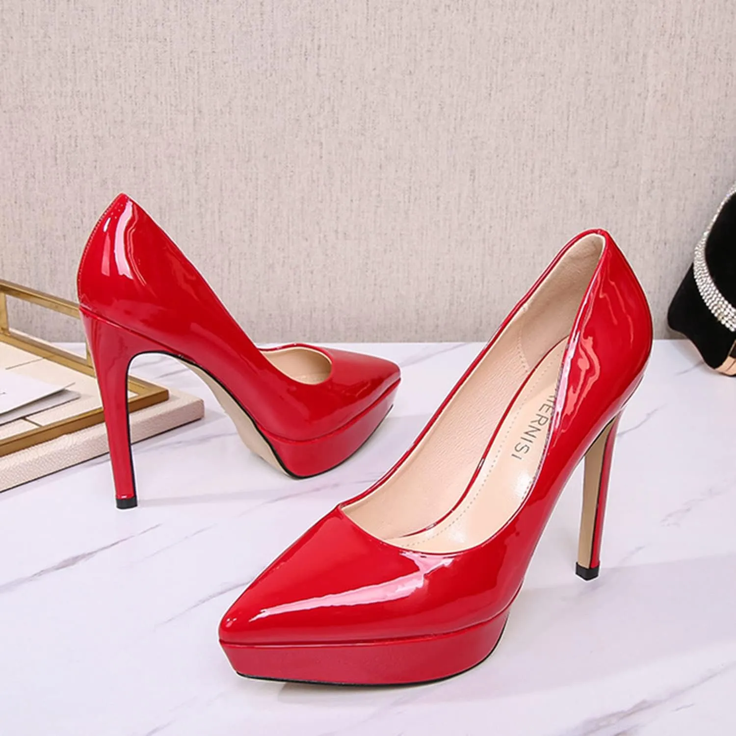 bbruriy Women's Patent Leather High Heels Sexy Pointed Closed Toe Shoes Stilettos Slip on for Dress Wedding Party Prom
