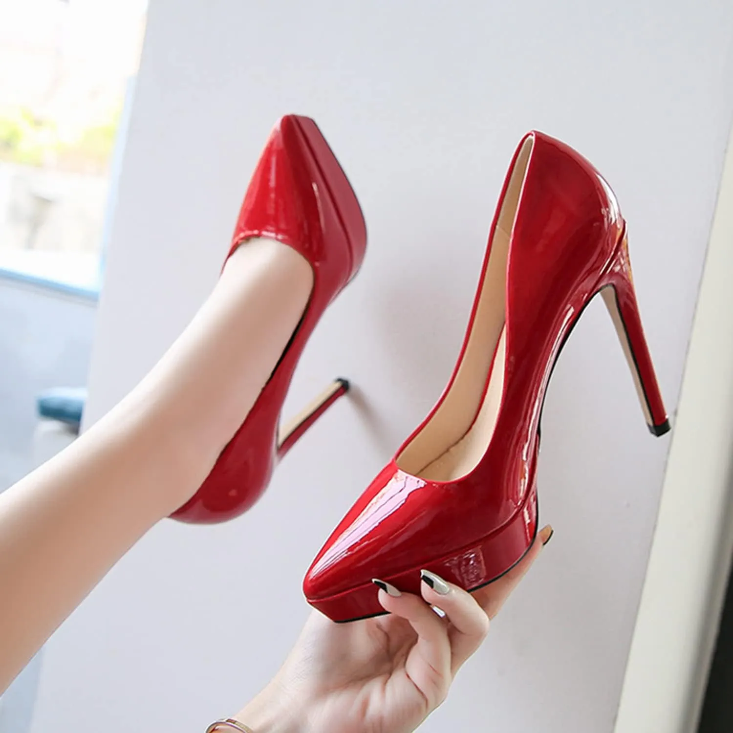 bbruriy Women's Patent Leather High Heels Sexy Pointed Closed Toe Shoes Stilettos Slip on for Dress Wedding Party Prom