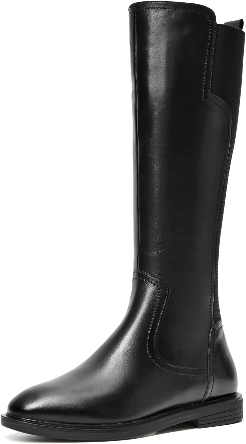 BEAU TODAY Knee High Boots for Women, Womens Genuine Leather Boots, Classic Low Block Heel Pointed Toe Fall Winter Boots