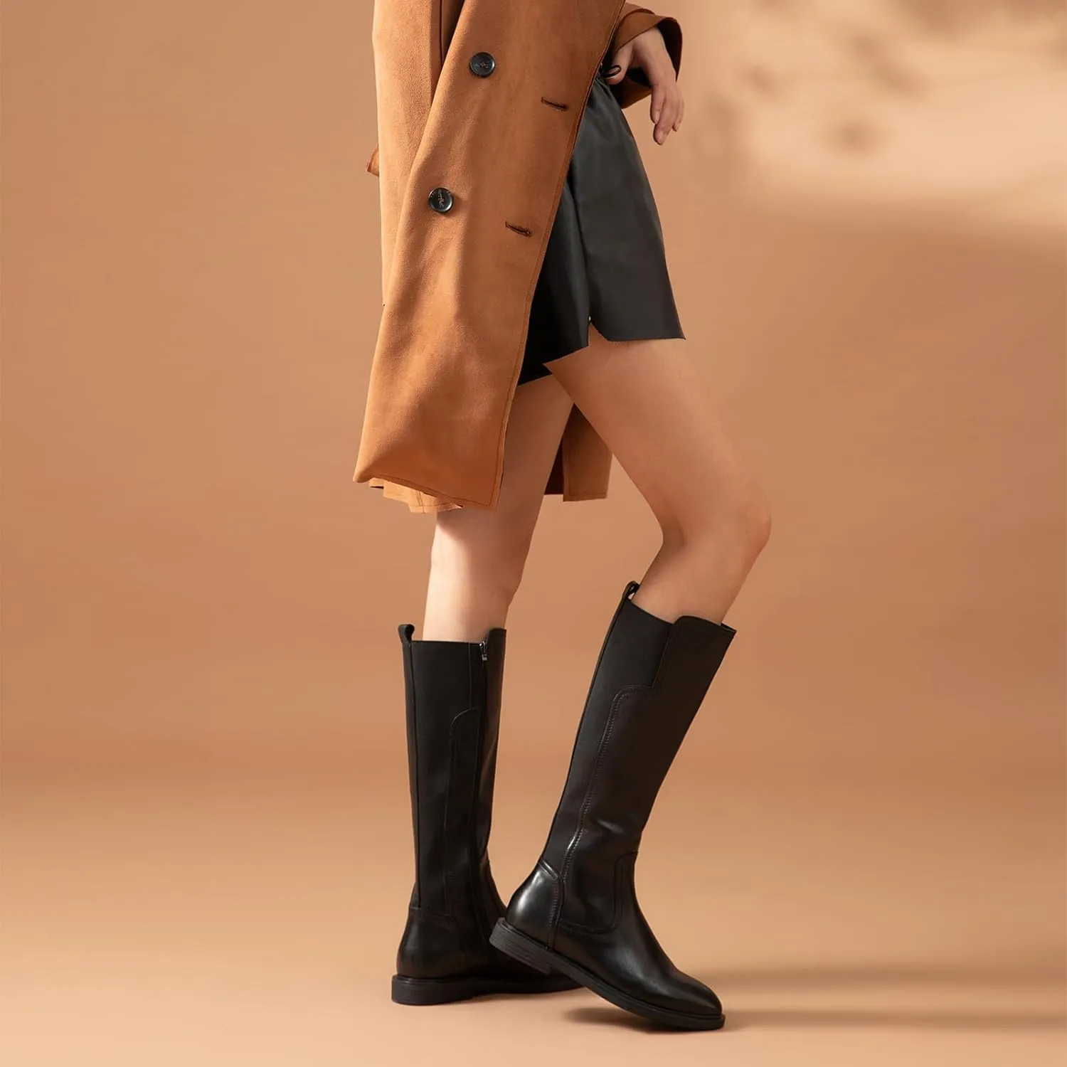 BEAU TODAY Knee High Boots for Women, Womens Genuine Leather Boots, Classic Low Block Heel Pointed Toe Fall Winter Boots