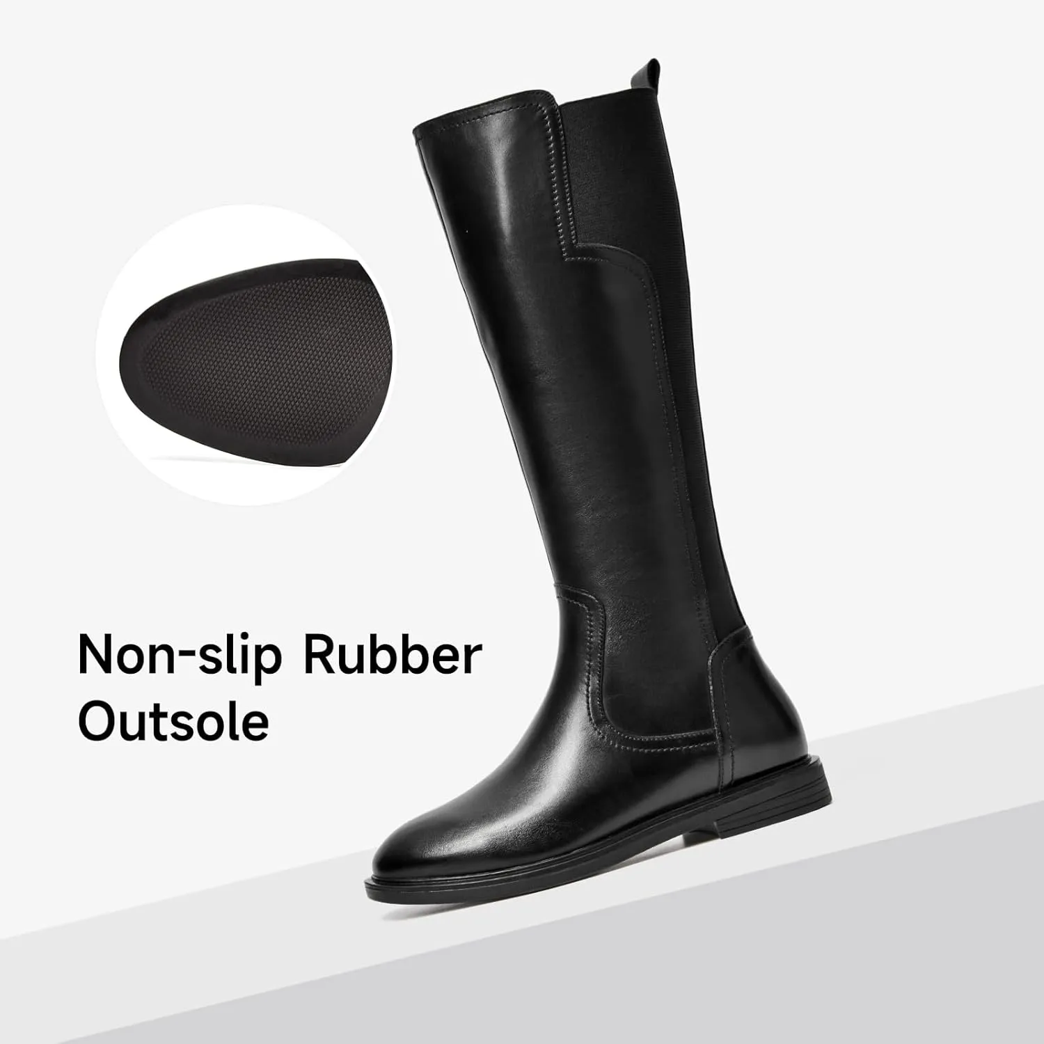 BEAU TODAY Knee High Boots for Women, Womens Genuine Leather Boots, Classic Low Block Heel Pointed Toe Fall Winter Boots