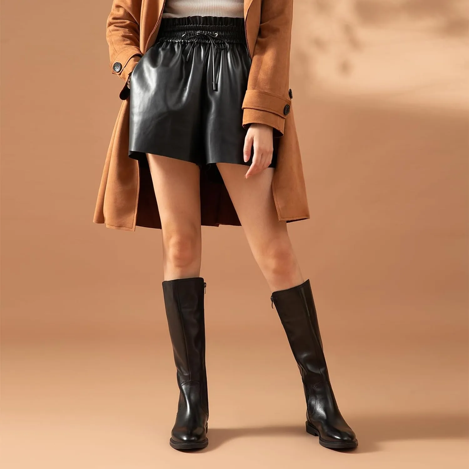 BEAU TODAY Knee High Boots for Women, Womens Genuine Leather Boots, Classic Low Block Heel Pointed Toe Fall Winter Boots