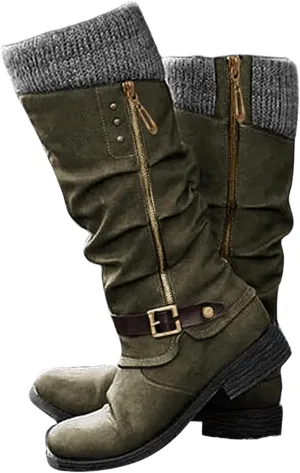 Boots For Women Knee High Wide Calf Mid Calf Combat Boots with Low Heel Square Toe Biker Motorcycle Riding Dress Boots