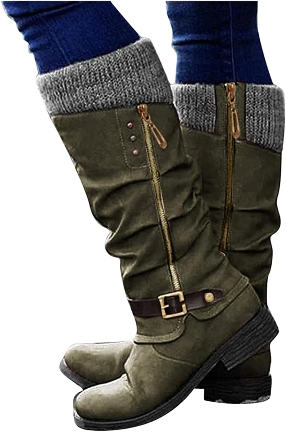 Boots For Women Knee High Wide Calf Mid Calf Combat Boots with Low Heel Square Toe Biker Motorcycle Riding Dress Boots